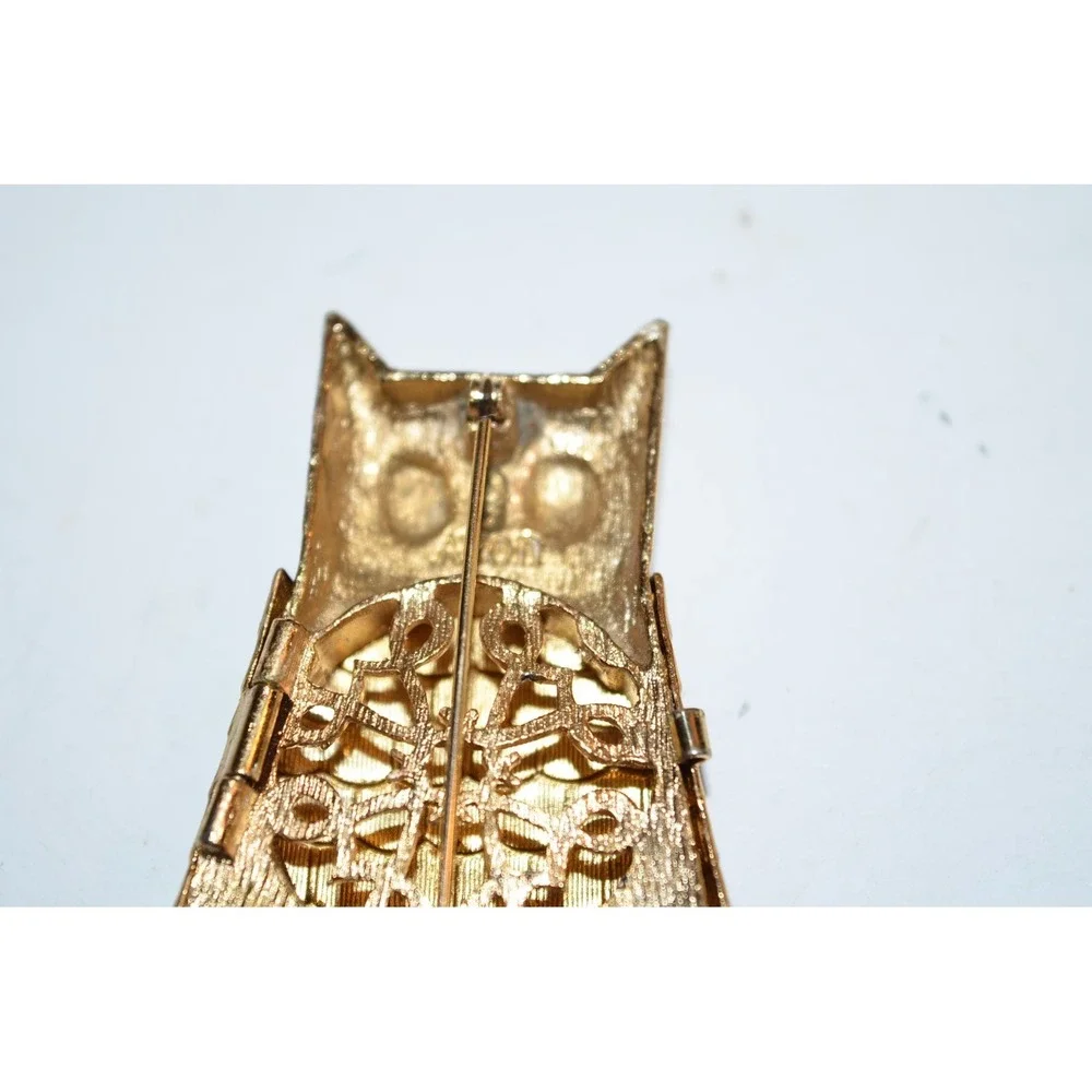 Vtg Jewelry Avon Owl Brooch Pin Locket Gold Tone Green Eyes Glace